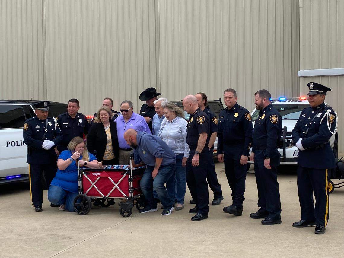 Rylan Pruitt, who was diagnosed with a type of brain cancer last May, was welcomed back to Fort Worth Friday afternoon after receiving scans that revealed the cancer has spread throughout his body. Rylan, who was placed in a red cart, was greeted by fellow officers, first responders and Spider-Man.