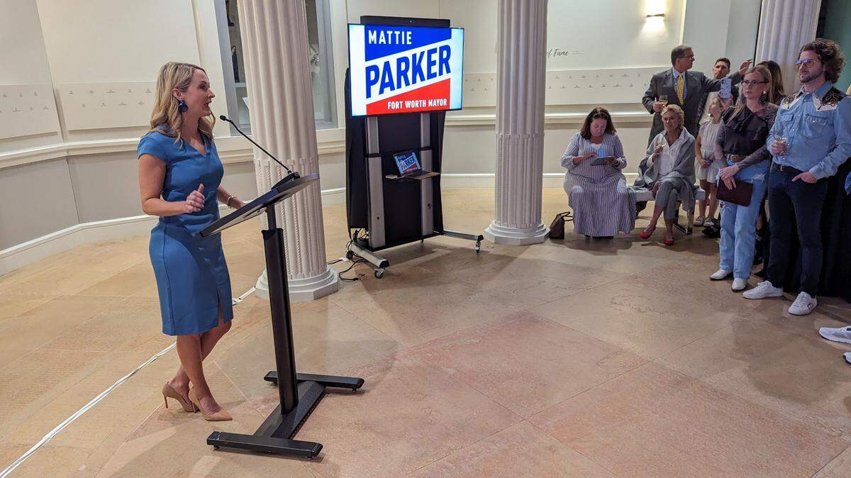 Mattie Parker, left, speaking at a podium to a group of people, right.