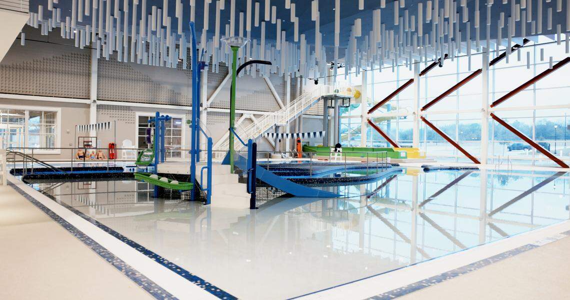 Swimming pool with two slides.