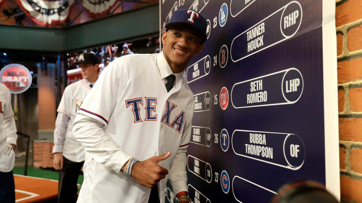Outfielder Bubba Thompson was drafted with the No. 26 overall pick by the Texas Rangers in 2017. He’s now a budding star at Double A Frisco. The Rangers took 13 pitchers among their 20 picks in the 2021 draft, including seven pitchers in their 10 picks in the third and final day of the draft Tuesday.