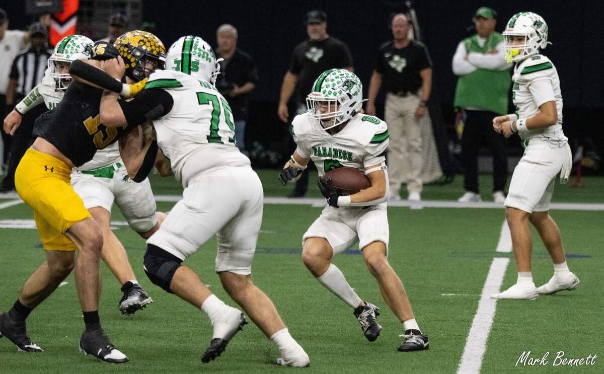 Paradise running back Chase Harmon looks for room to run against Malakoff in a Class 3A Division 1 state quarterfinal on Thursday, Dec. 12, 2024 at the Ford Center in Frisco, Texas.