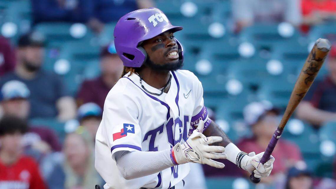 Texas Christian infielder Tre Richardson during an NCAA baseball game against Louisville on Saturday, March 4, 2023, in Houston. Richardson had three home runs in TCU’s NCAA Tournament win over Arkansas on Sunday, June 4, 2023.