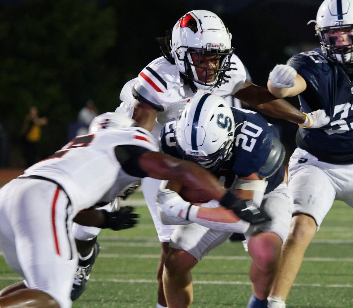 All Saints running back Cole Palfreeman (20) goes in for six during a TAPPS football game at All Saints High School’s McNair Stadium in Fort Worth Thursday, Sept. 12, 2024.