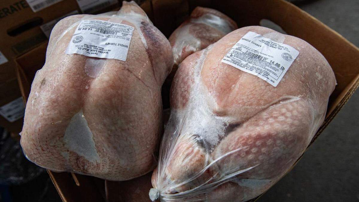 Boxes of frozen turkeys are seen before being given out to people at La Colaborativa food pantry in Chelsea, Massachusetts on November 26, 2024. The United States will mark the Thanksgiving holiday on November 28. (Photo by Joseph Prezioso / AFP) (Photo by JOSEPH PREZIOSO/AFP via Getty Images)