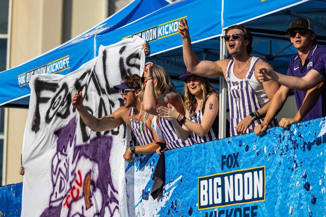 TCU football fans cheer during the Fox Big Noon Kickoff show prior to the TCU football game against the Colorado Buffaloes at Amon G. Carter Stadium in Fort Worth on Saturday, Sept. 2, 2023.