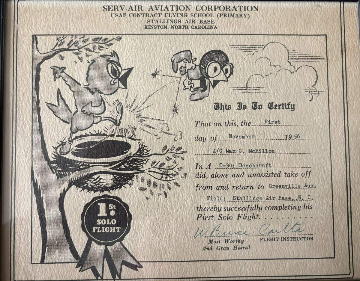 This certificate acknowledges Max McMillon’s first solo flight in an Air Force T-34 on Nov. 1, 1956.