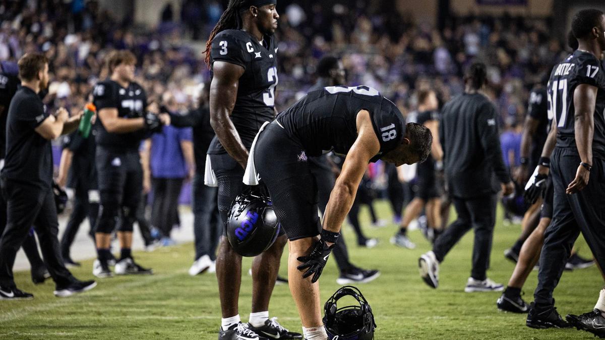 TCU wide receivers Savion Williams (3) and Jack Bech (18) react after losing to UCF 35-34 on a missed last second field goal at the end of a Big 12 Conference game between TCU and UCF at Amon G. Carter Stadium in Fort Worth on Saturday.