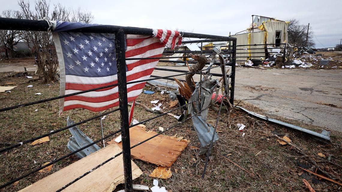 Damaged homes line North 9th Street in Jacksboro on Tuesday, March 22. Parts of the town suffered severe damage from a tornado.