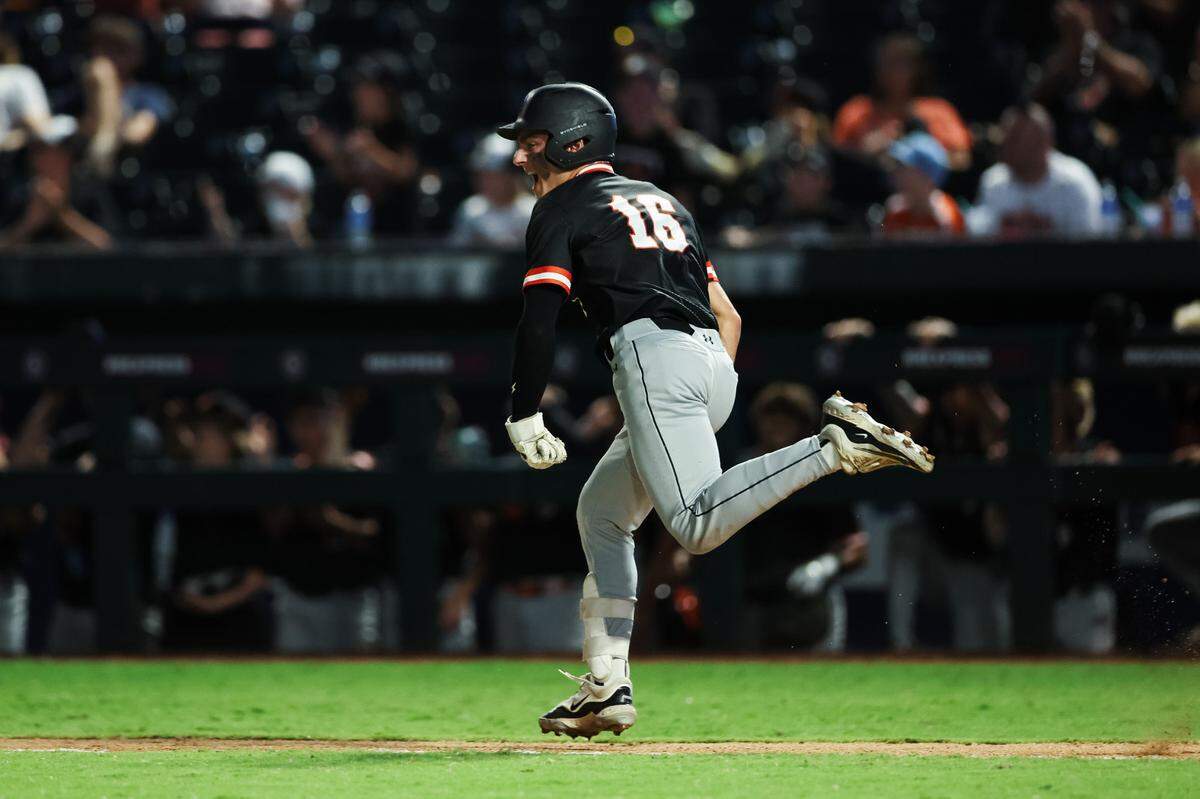Aledo designated hitter Lucas Nawrocki reacts with a scream after scoring a run in the Class 5A Division I state championship game against Smithson Valley on Friday, June 6, 2025 at Dell Diamond in Round Rock, Texas.
