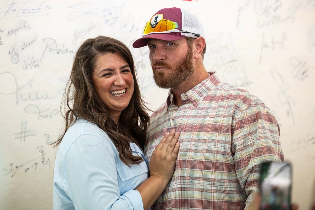 Legendary Texas Rangers outfielder Josh Hamilton poses a photo with his wife Rachel Hamilton during a meet and greet for the first day of the 2024 MLB All-Star Village at Choctaw Stadium in Arlington on Saturday, July 13, 2024.