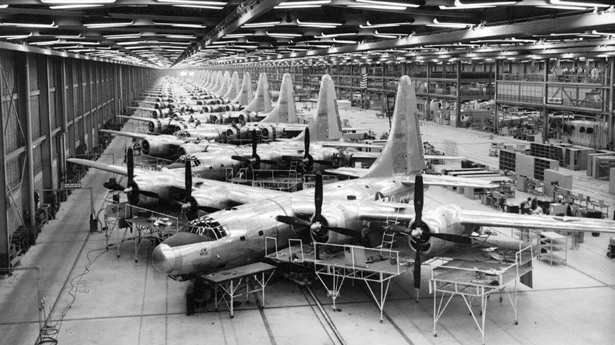 The B-32 production line, 1945, at the Consolidated Vultee plant in Fort Worth.