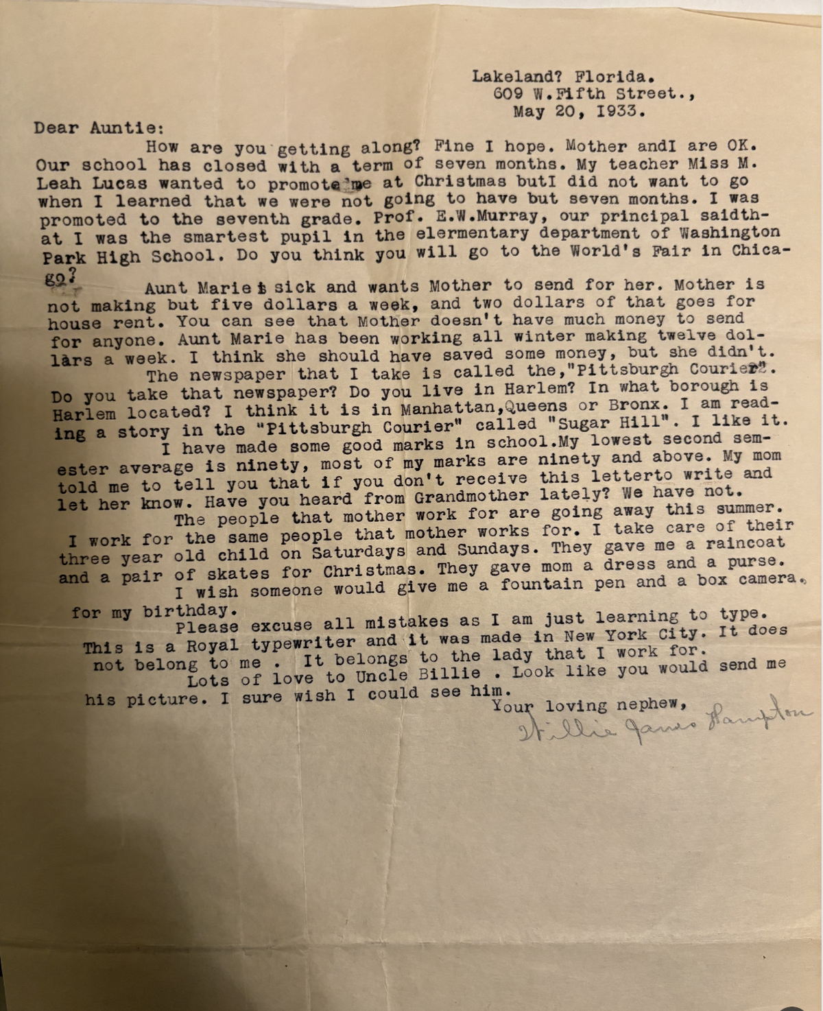A letter from Bill Hampton to his aunt in Lakeland, Florida, after arriving in New York City