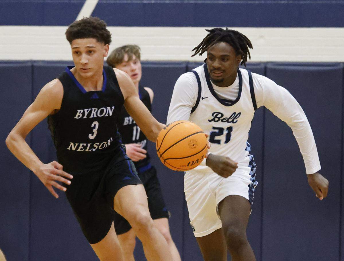 Byron Nelson guard Romejo Waits (3) runs the court ahead of L.D. Bell forward Imani Reynolds (21) during the second half of a boys UIL basketball game between Byron Nelson and L.D. Bell at L.D. Bell High School in Hurst, Texas, Friday Feb. 06, 2026
