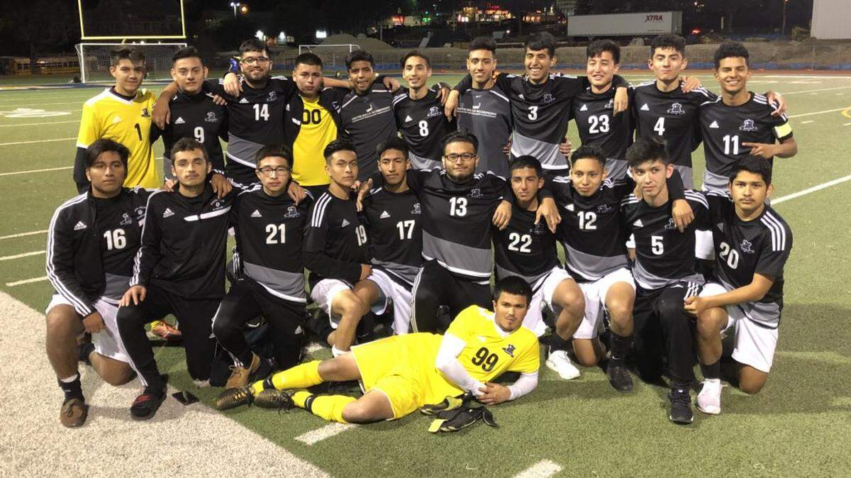 The South Hills Scorpions pose for a photo after beating Arlington Heights in penalty kicks, Thursday March 8, 2018.