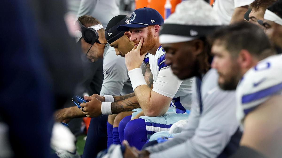 Dallas Cowboys quarterback Cooper Rush sits on the sidelines during the final minutes of their loss against the Philadelphia Eagles on Sunday, Nov. 10, 2024, at AT&T Stadium.