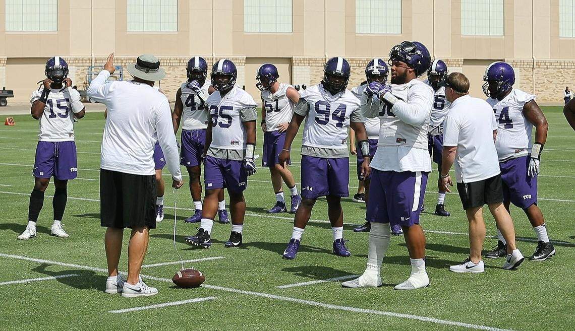 The defensive line during drills with Ben Banogu (DT, 15, left) and Ross Blacklock (DT, 90, right) as the TCU Horned Frogs hold their first regular preseason practice in Fort Worth, Saturday, August 4, 2018.