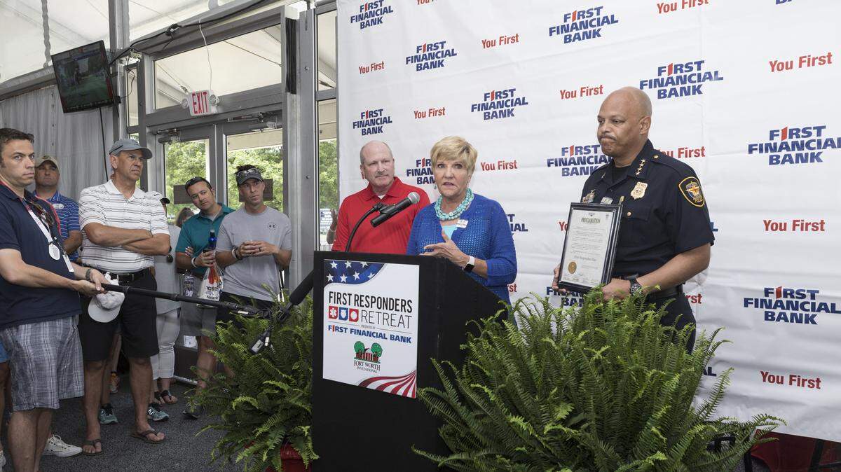 Mayor Price proclaiming “First Responders Day in Fort Worth” during last year’s tournament, alongside Fort Worth Chief of Police Dr. Joel Fitzgerald.