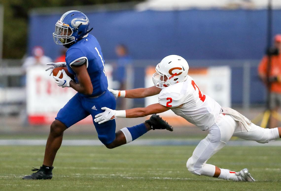 Nolan wide rceiver Brandon Chatman (1) comes up with a reception against Celina defensive back Howie Venegoni (2) during the first half, Friday night, September 13, 2019 play at Doskocil Stadium in Fort Worth, TX.