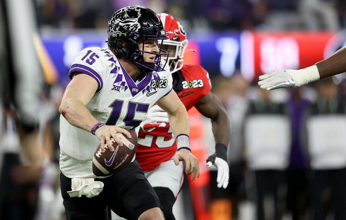 TCU quarterback Max Duggan tries to evade the sack by Georgia during the 2023 College Football Playoff National Championship on Monday, January 9, 2023, at SoFi Stadium in Inglewood, Calif.