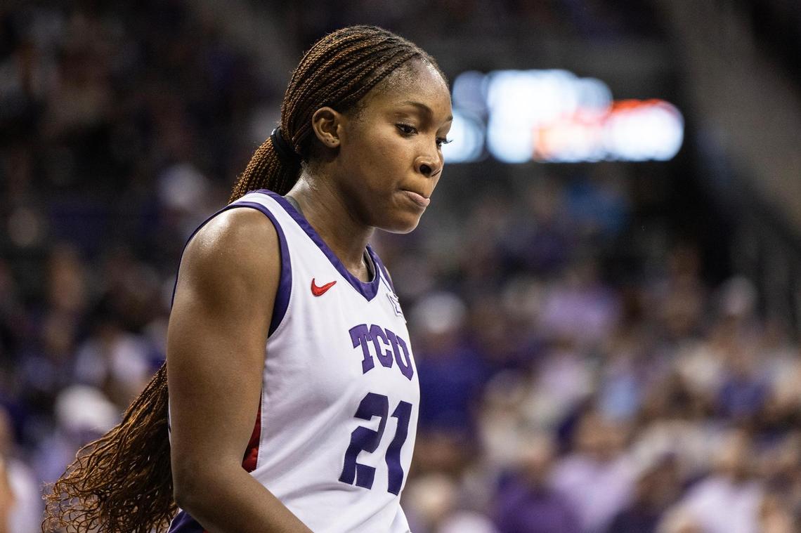 TCU guard Agnes Emma-Nnopu (21) heads back to the bench during a timeout in the first half of the second round of the Women’s NCAA Championships Tournament game between TCU and Louisville at Schollmaier Arena in Fort Worth on Sunday, March 23, 2025.