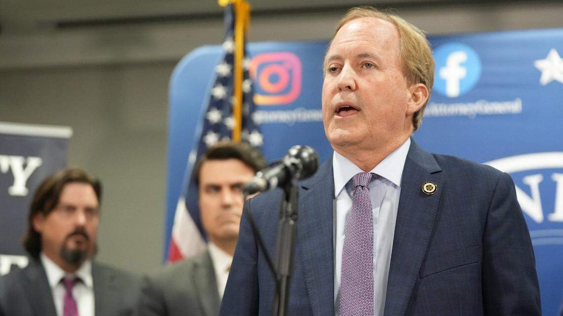 Attorney General Ken Paxton speaks at a news conference at the Price Daniel State Office Building on May 26, 2023. Two Denton ISD administrators who were sued by Paxton in February have been indicted on illegal electioneering charges.