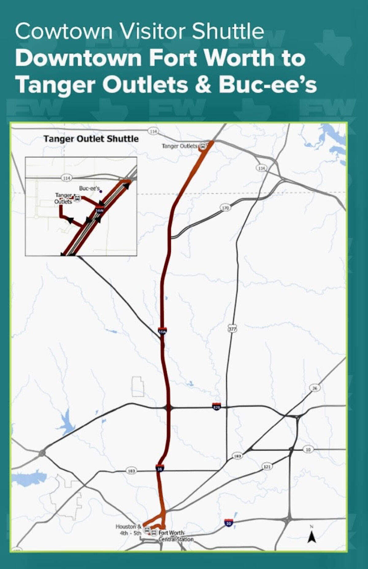 A map of the route from Fort Worth to Buc-eee’s on the Cowtown Visitor Shuttle.