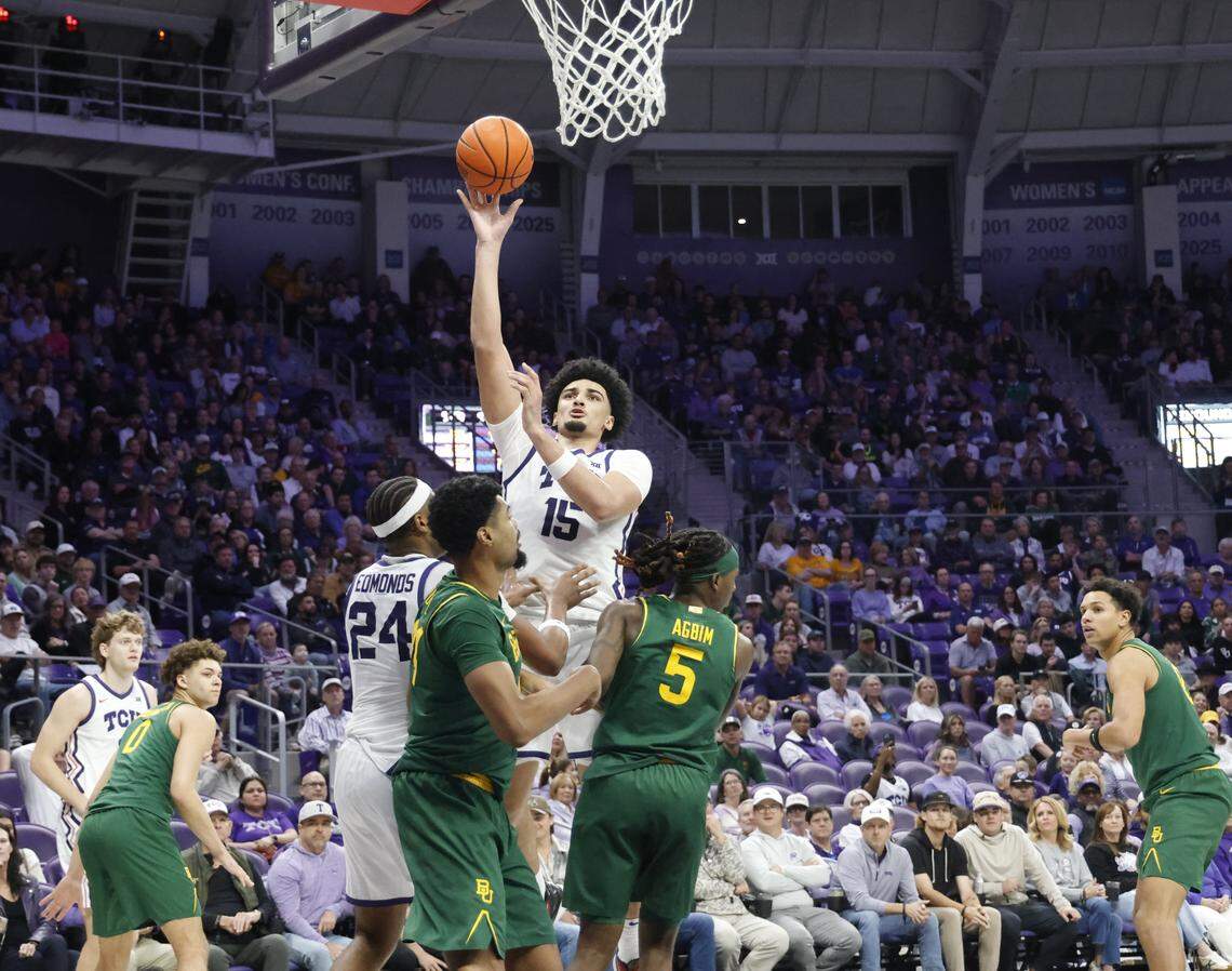 TCU forward David Punch (15) lays in a soft jumper during the second half of a NCAA basketball game between Baylor University and TCU at Schollmaier Arena in Fort Worth, Texas, Saturday Jan. 03, 2026