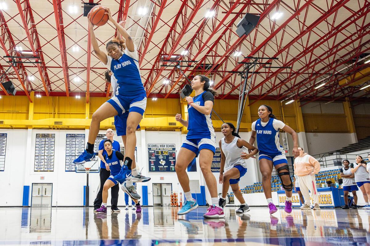 Boswell senior Haleigh Jackson goes up for a rebound during a scrimmage in practice at the Boswell High School gymnasium in Fort Worth on Wednesday, Jan. 29, 2025.