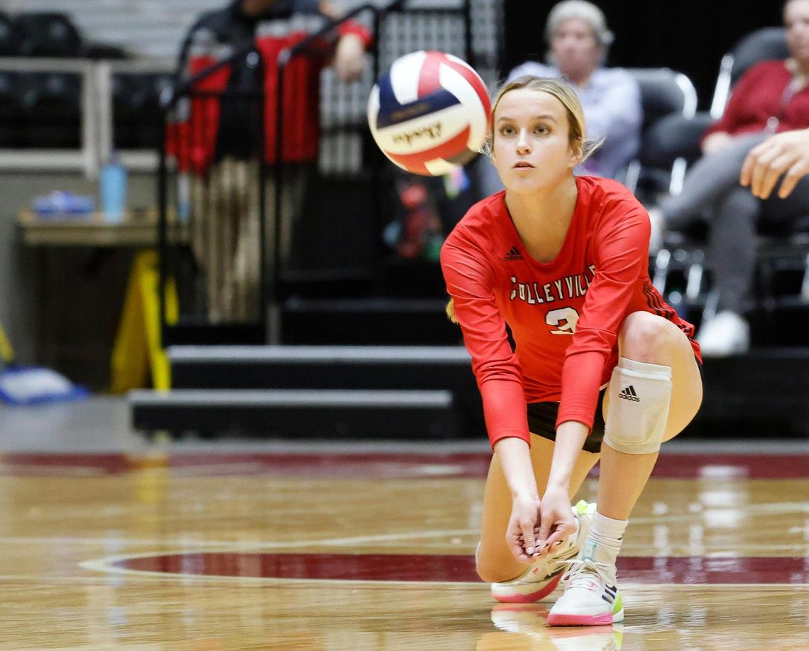 Colleyville Heritage’s Maddie Bird (3) digs out a serve in game 3 of the best 3 of 5 games at the Curtis Culwell Center in Garland, Texas, Friday, Nov. 17, 2023.