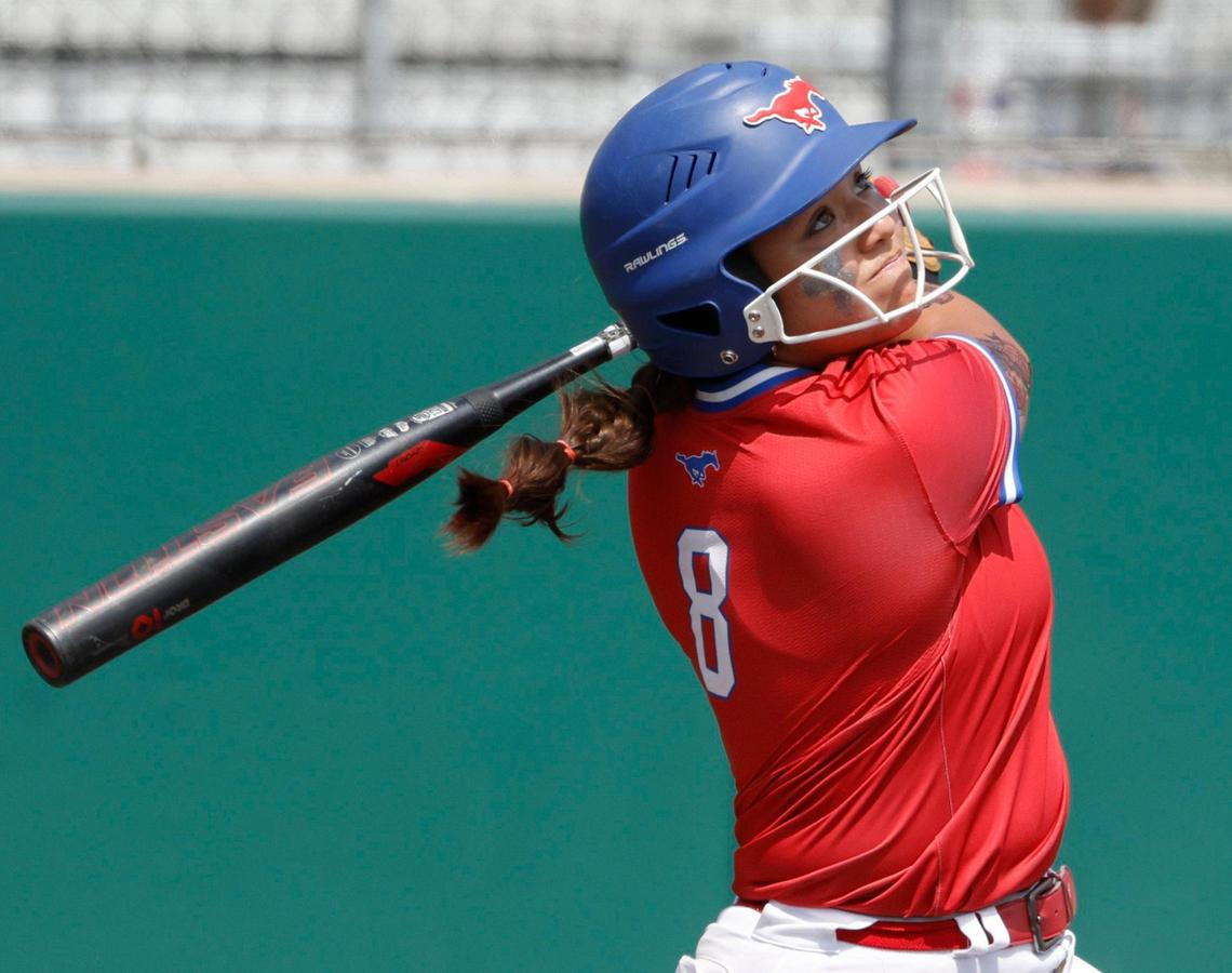 Grapevine catcher Ashley Johnson (8) watches her infield single pop up during game 2 of the UIL softball semifinal 5A D2 playoffs at The Rabbit Hole in Forney, Texas, Saturday, May 24, 2025.