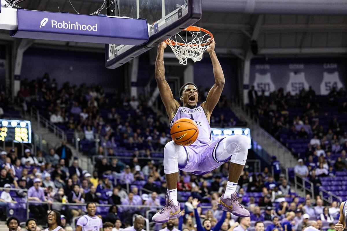 Kansas State forward David N’Guessan (1) catches an alley oop for a dunk in the second half of an NCAA game between TCU and Kansas State at Schollmaier Arena in Fort Worth on Saturday, Jan. 4, 2025.