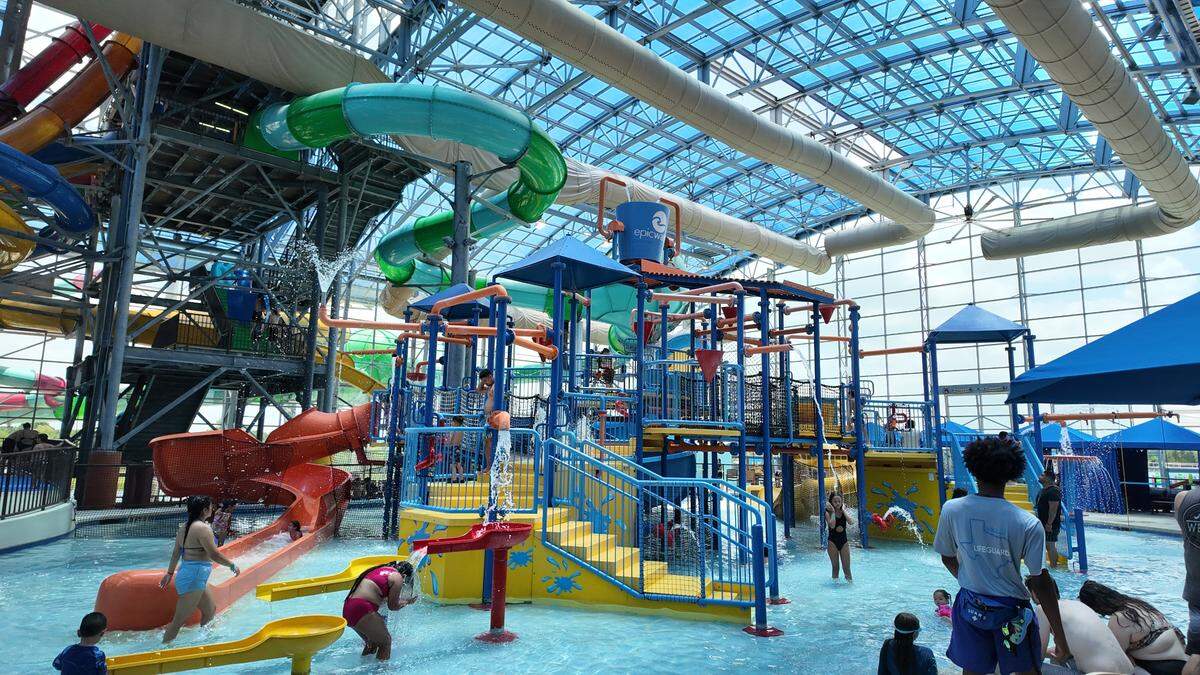 Children crowd the Rascals Roundup water park playground at Epic Waters Indoor Waterpark on Wednesday, June 18, 2025 in Grand Prairie.
