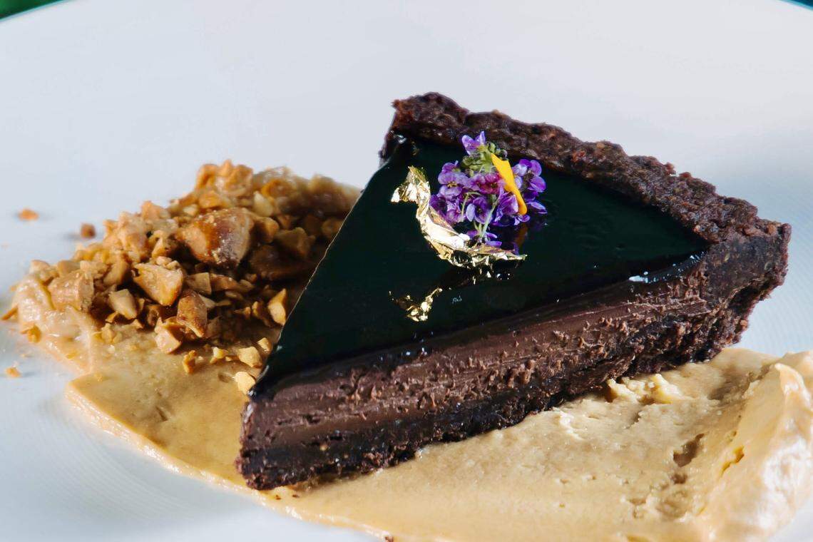 Chocolate tart with a hazelnut crust and peanut-butter cream at Wicked Butcher.