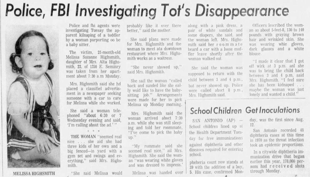 The first news report of Melissa Highsmith’s disappearance in the Fort Worth Star-Telegram on Wednesday, Aug. 25, 1971.