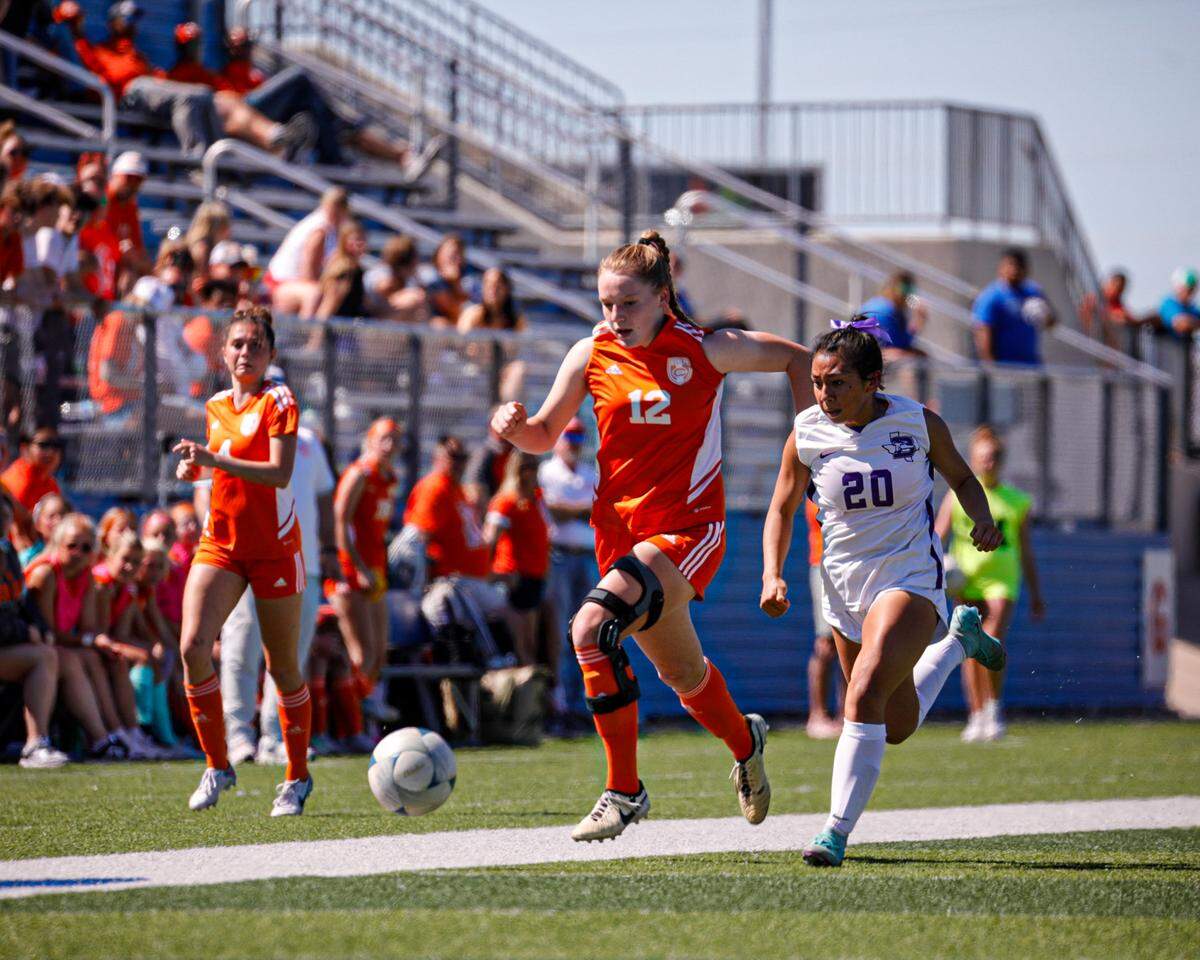 Celina’s Grace Pritchard, the championship MVP, dribbles in a Class 4A state championship win against Boerne in Georgetown, Texas on April 11, 2024.