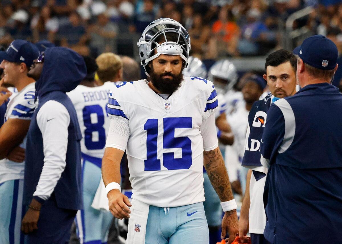 Dallas Cowboys quarterback Will Grier returns to the sideline after a touchdown against the Jacksonville Jaguars on Saturday, August 12, 2023, at AT&T Stadium in Arlington.