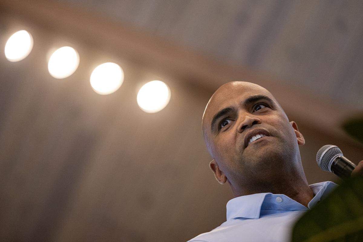 U.S. Rep. Colin Allred, D-Texas, speaks on stage during the “Build The Backlash” rally at greater St. Stephen First Church in Fort Worth on Wednesday, Aug. 6, 2024. The rally called out the efforts of Texas republicans to gerrymander the state and silence Black voters.