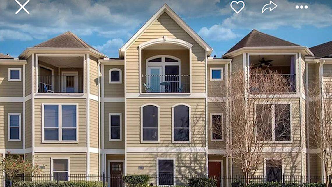 The exterior of a “Friends”-themed townhouse that has hit the real estate market in Houston for $330,000.
