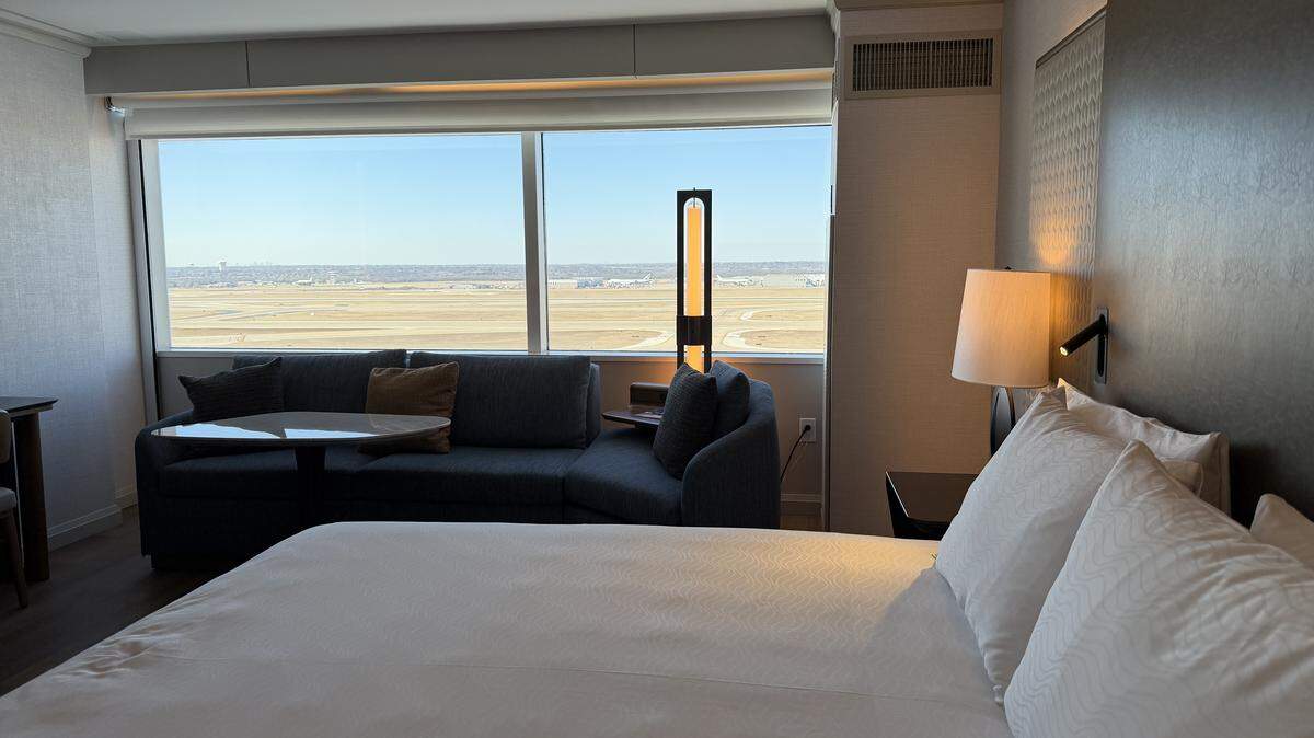 Some renovated rooms at the DFW Grand Hyatt have window views of airplane runways.