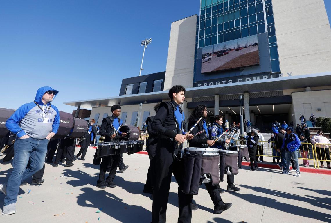 The North Crowley band performa in front of the stadium during the UIL 6A D1 Championship Parade at Crowley ISD Multi-purpose Stadium in North Crowley, Texas, Saturday, Jan. 18, 2025.