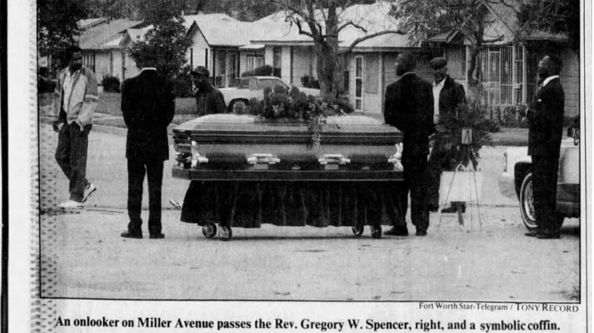 Star Telegram article from 11/26/1994 about a local reverend and activist’s symbolic coffin protest