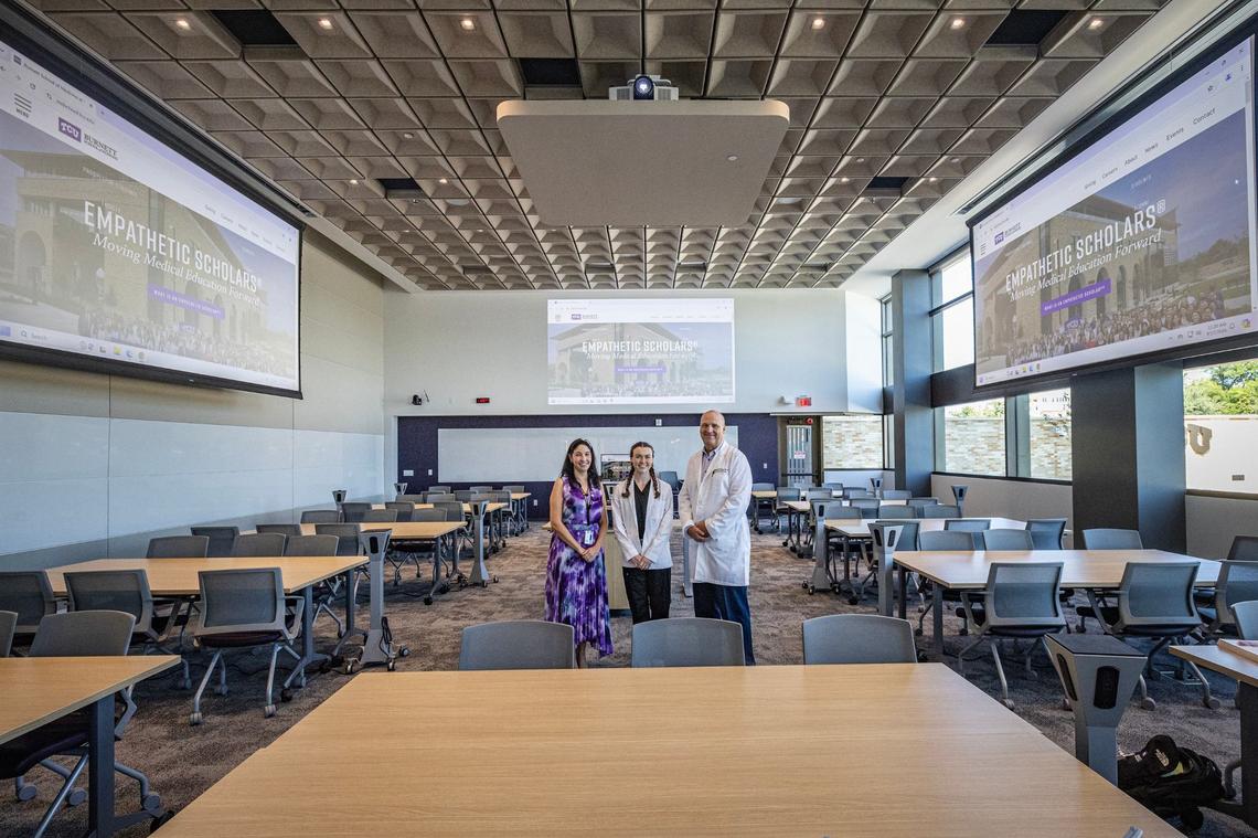 Associate professor Veronica Tatum, left, first-year student Martha-Grace McLean, middle and assistant professor James Cox are photographed in the First Floor Learning Studio at the TCU Burnett School of Medicine in Fort Worth on Tuesday, Sept. 17, 2024.