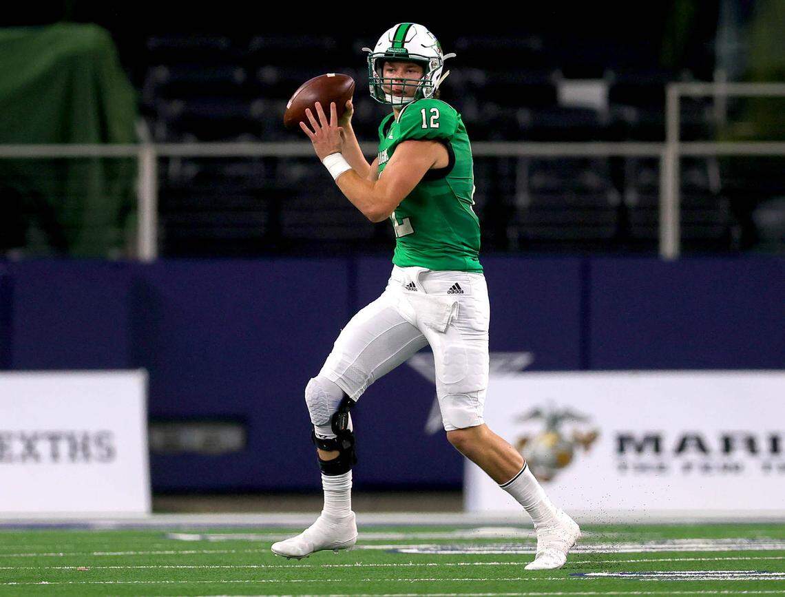 Southlake Carroll quarterback Kaden Anderson faces Highland Park, Thursday night, August 26, 2021 played at AT&T Stadium in Arlington, TX. (Steve Nurenberg Special to the Star-Telegram)