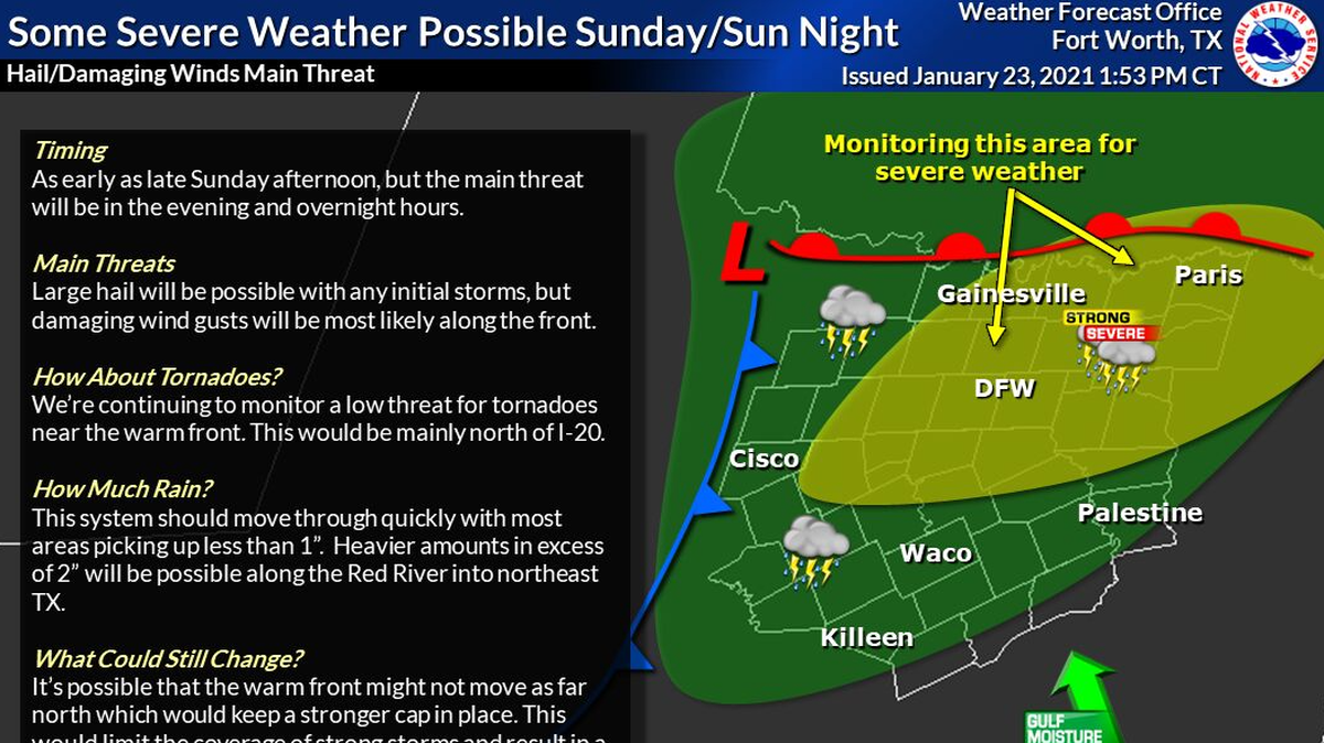 Possibly strong storms are expected across North Texas on Sunday night, according to the National Weather Service in Fort Worth. They could produce large hail, heavy winds and dense fog, and there’s also a possibly for tornadoes along developing squall lines.