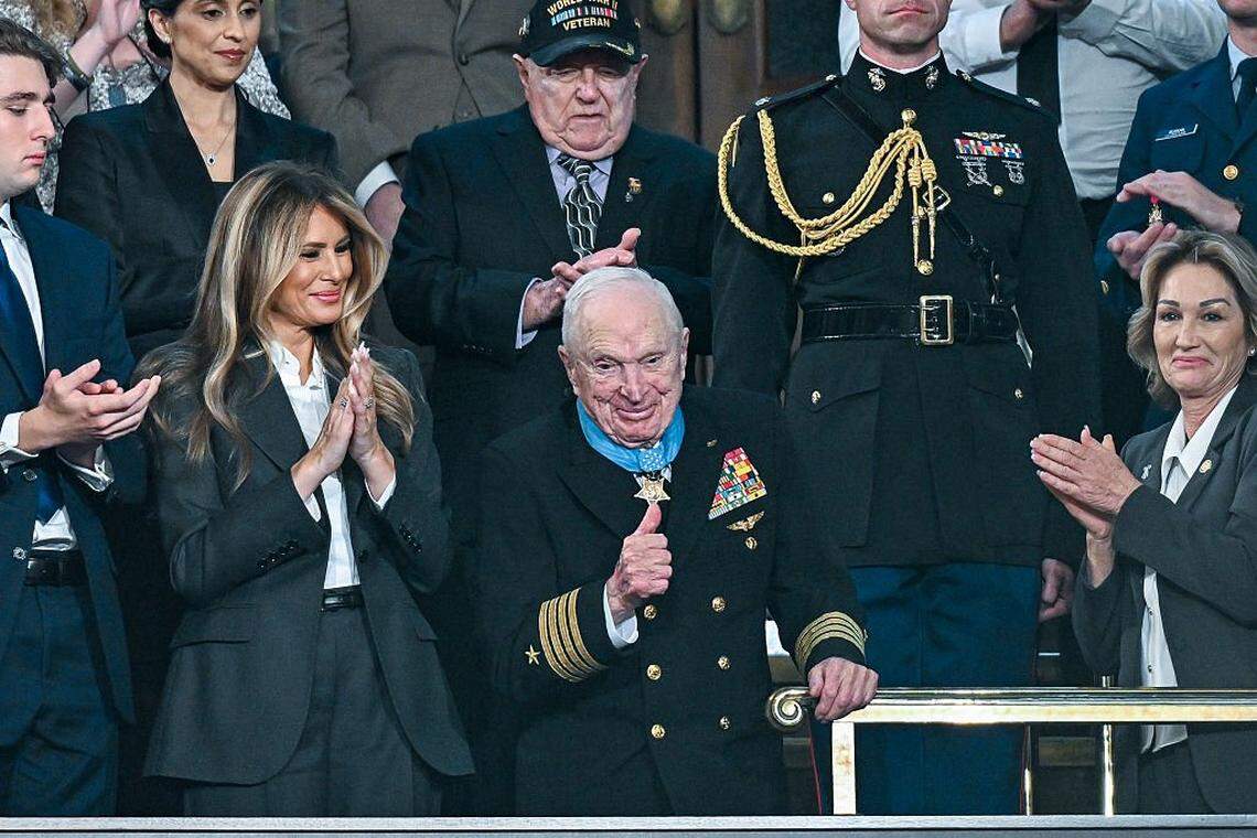 Royce Williams receives the Congressional Medal of Honor as President Donald Trump delivers the State of the Union address Feb. 24 during a joint session of Congress.
