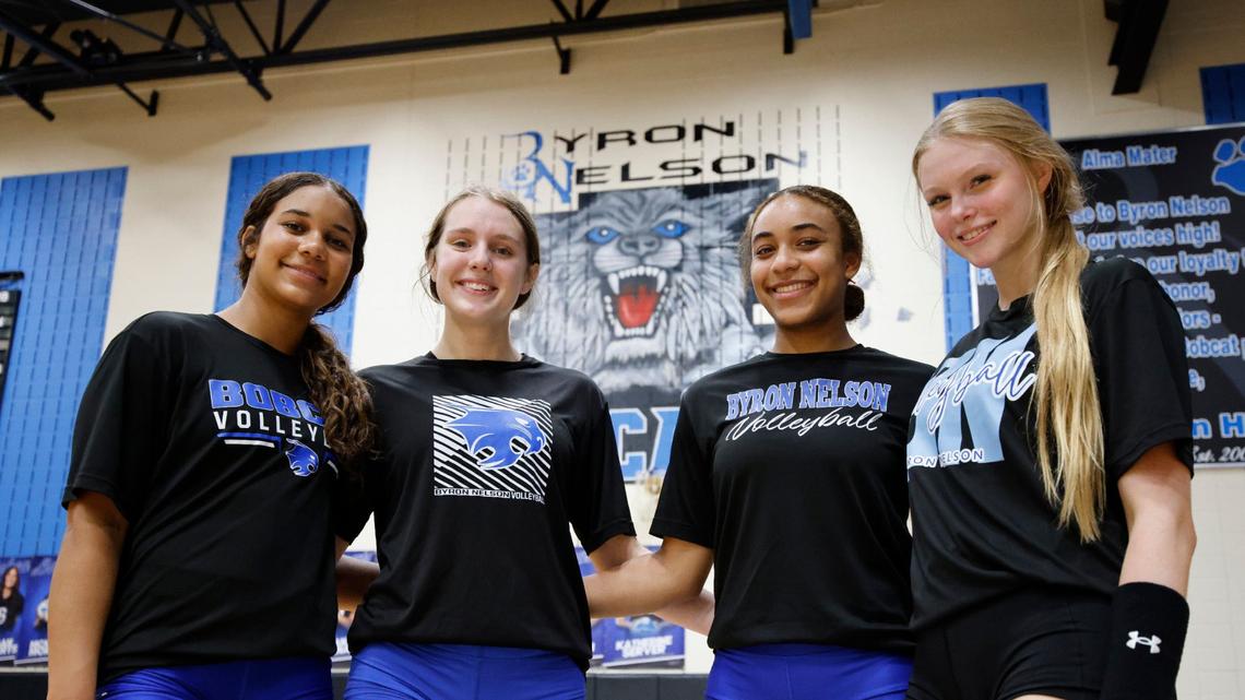 Team captains, Sophie Peterson, Kylie Kleckner, Sydnee Peterson and Ashlyn Seay are photographed during volleyball practice at Byron Nelson High School in Trophy Club Texas, Wednesday, Sept. 25, 2024.