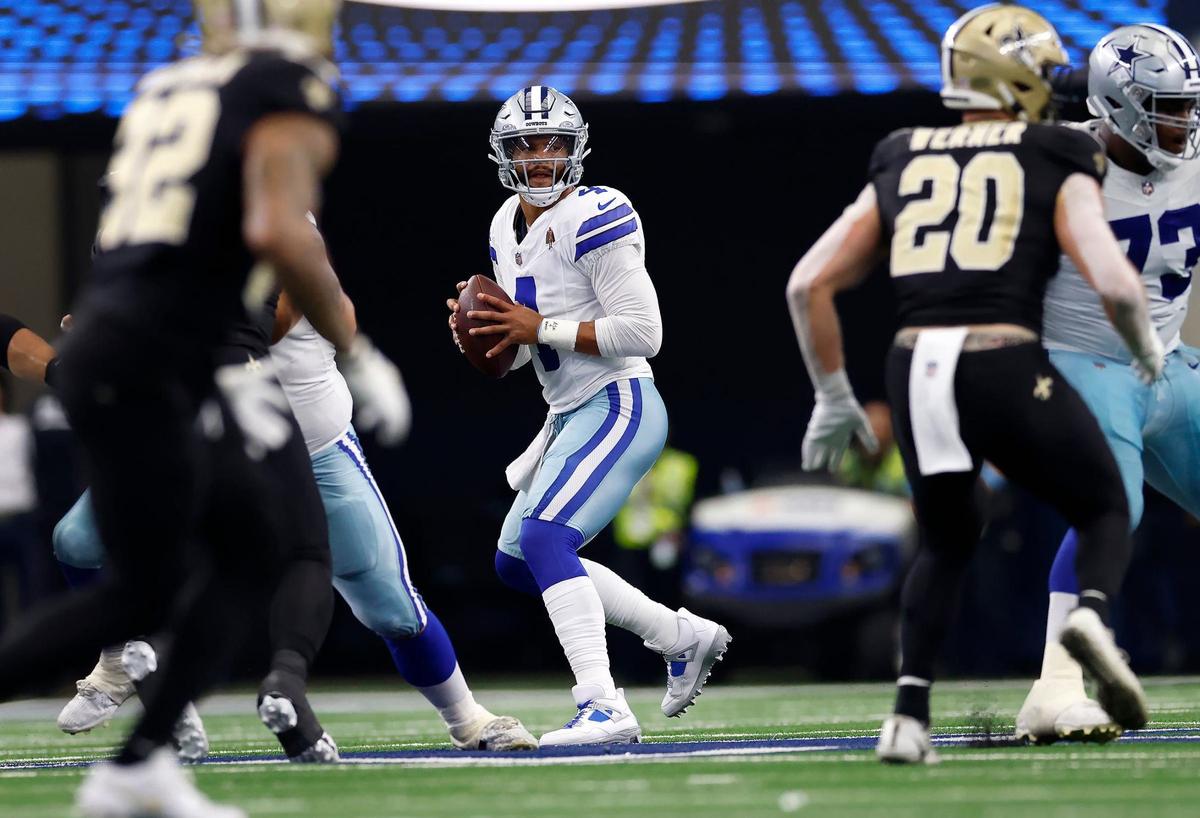 Dallas Cowboys quarterback Dak Prescott prepares to pass the ball during the first quarter against the New Orleans Saints on Sunday, Sept. 15, 2024, at AT&T Stadium in Arlington.
