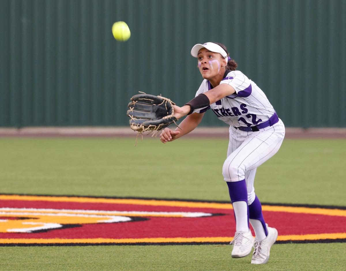 Paschal center fielder Victoria Hultgren makes the last out of the game during a UIL District 6A Region 1 Bi-district softball playoff game at Saginaw High School in Saginaw, Texas, Thursday, April 25, 2024. Paschal defeated Keller 3-2. (Special to the Star-Telegram/Bob Booth)