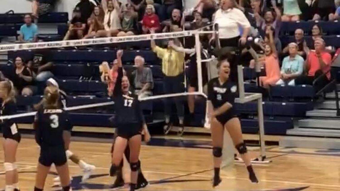 Grace Prep celebrates its sweep over FW All Saints Tuesday, August 14, 2018