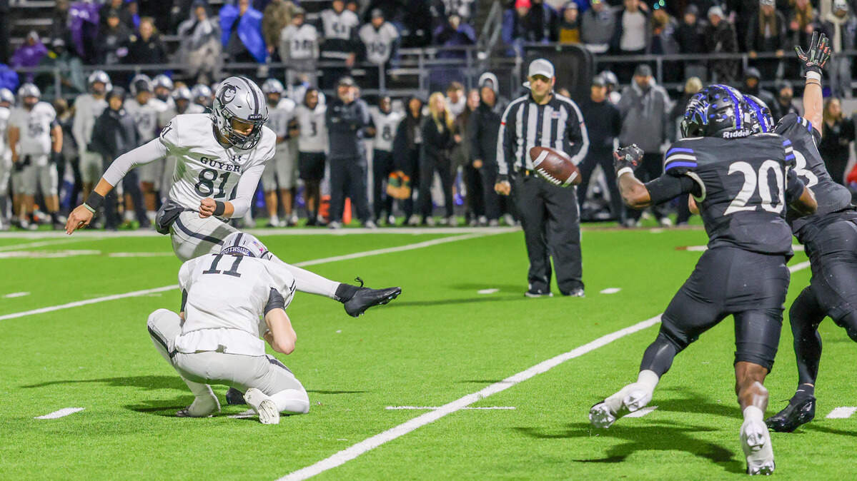Denton Guyer’s Andrew Johnson kicks the game-winning 31-yard field goal with one second left to defeat Byron Nelson in a Class 6A Division II regional semifinal Friday, Nov. 28, 2025, at Northwest ISD Stadium in Justin, Texas.